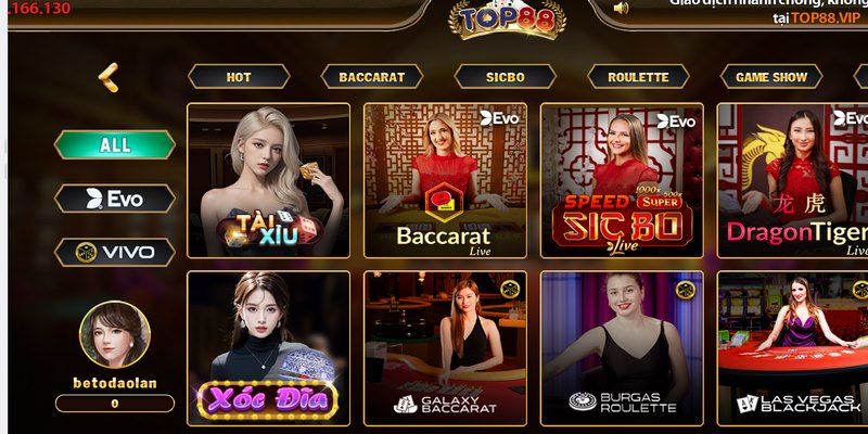 Danh sách các trò chơi Live Casino Top88