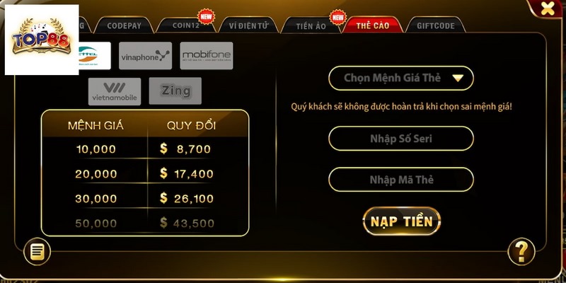 Điều kiện giao dịch nạp rút tiền top88