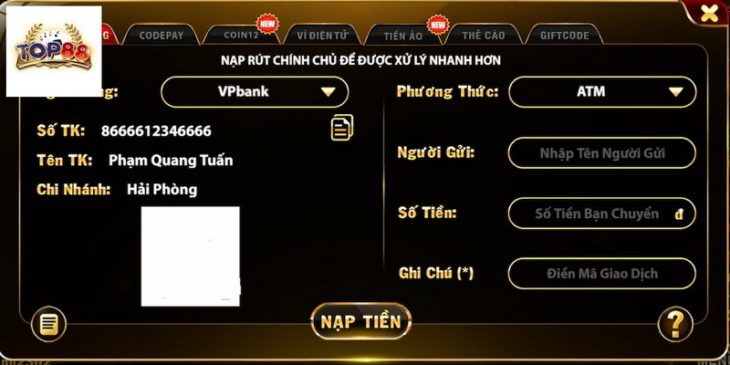Các phương thức nạp rút tiền phổ biến năm 2025 tại Top88